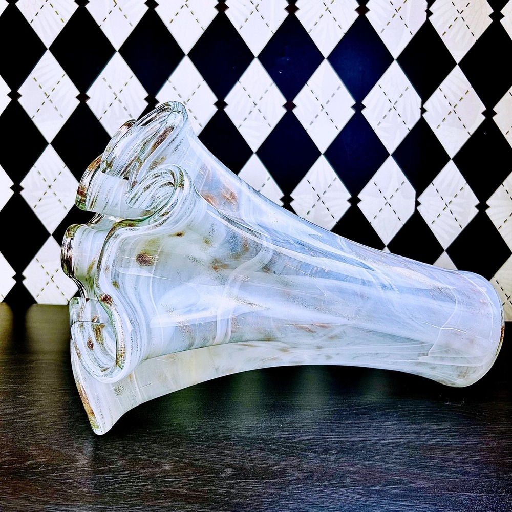 White Opaline Art Glass Vase 15" Ruffled Aventurine Statement - Picture 4 of 17